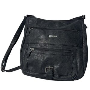 MultiSac Black Faux Leather Multi Pocket Zipper Crossbody Organizer Messager Bag